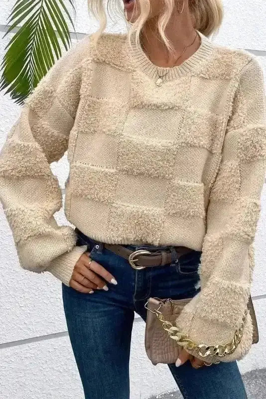 Parchment checkered sherpa loose sweater front view — Fashionfitz UK