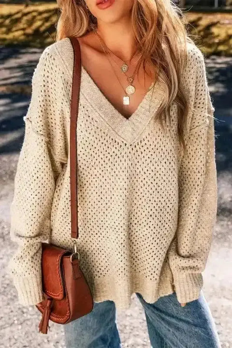 Parchment eyelet drop shoulder sweater front view — Fashionfitz UK