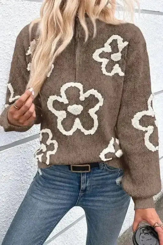 Parchment floral zip stand neck sweater front view — Fashionfitz UK