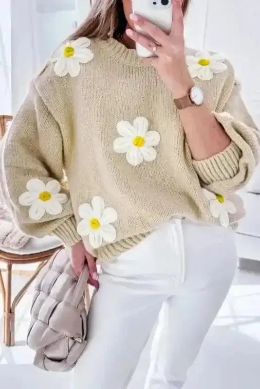 Parchment floral crochet chunky knit sweater front view — Fashionfitz UK