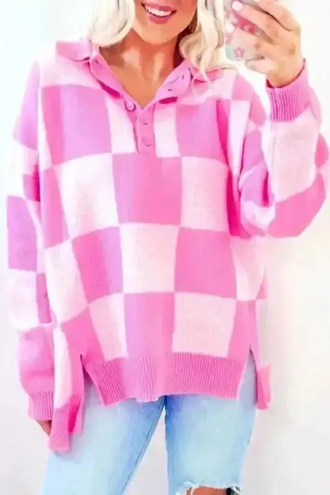 Pink checkered half button oversized jumper front view — Fashionfitz UK