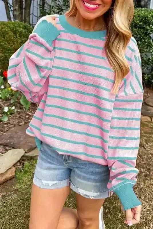 Pink stripe candy stripe loose fit cosy sweater front view — Fashionfitz UK