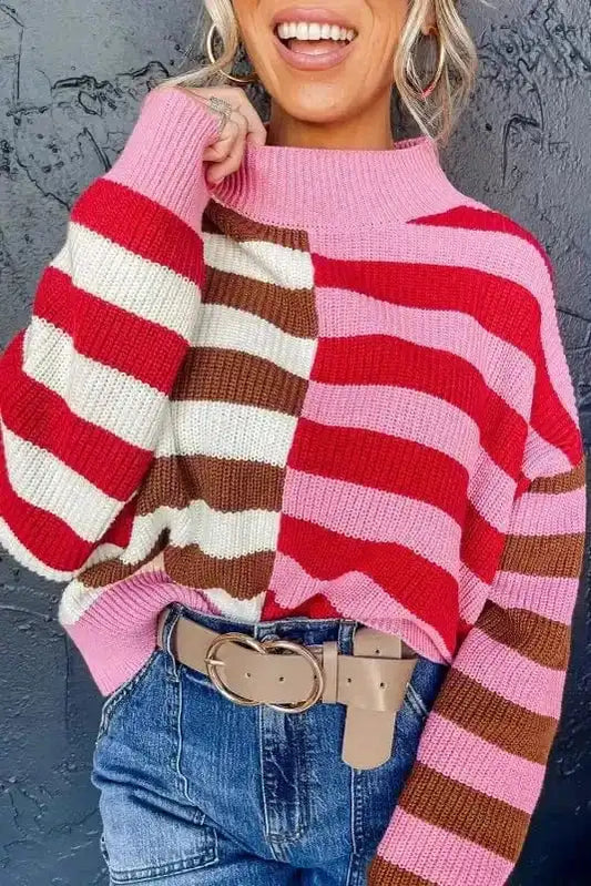 Sweaters Pink Stripe / S / 55%Acrylic+45%Cotton Candy Stripe Cozy High Neck Sweater