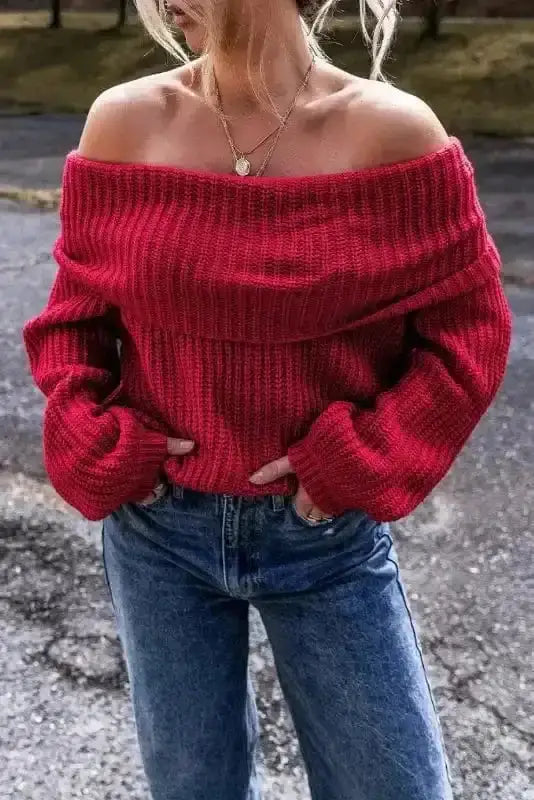 Racing red off shoulder cotton knit sweater front view — Fashionfitz UK