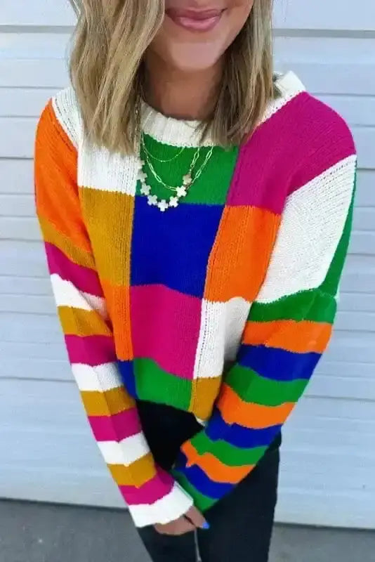 Retro squares colourblock loose sweater back view — Fashionfitz UK
