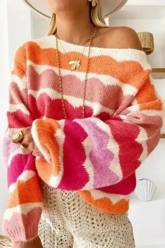 Rose red wave stripe drop shoulder sweater front view — Fashionfitz UK