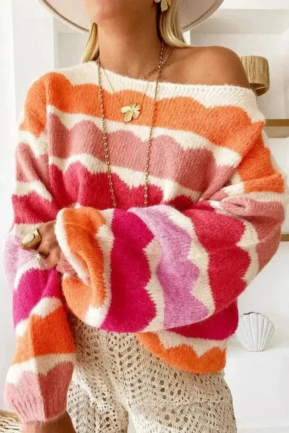 Sweaters Rose Red / S / 42%Acrylic+30%Polyester+28%Polyamide Wave Striped Drop Shoulder Sweater
