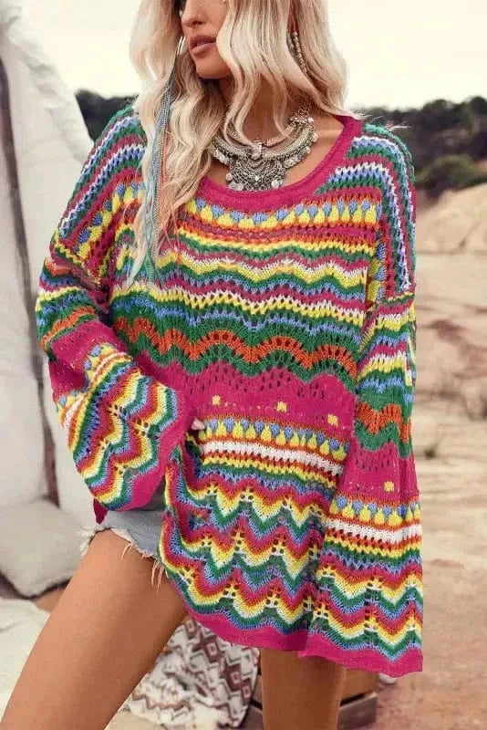 Sweaters Rose Red / S / 55%Acrylic+45%Cotton Artisanal Stripe Knit Jumper