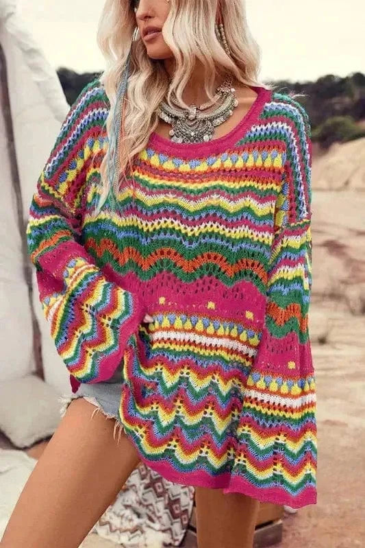 Sweaters Rose Red / S / 55%Acrylic+45%Cotton Artisanal Stripe Knit Jumper