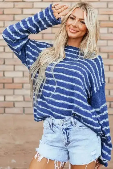 Sky blue stripe cosy jumper front view — Fashionfitz UK