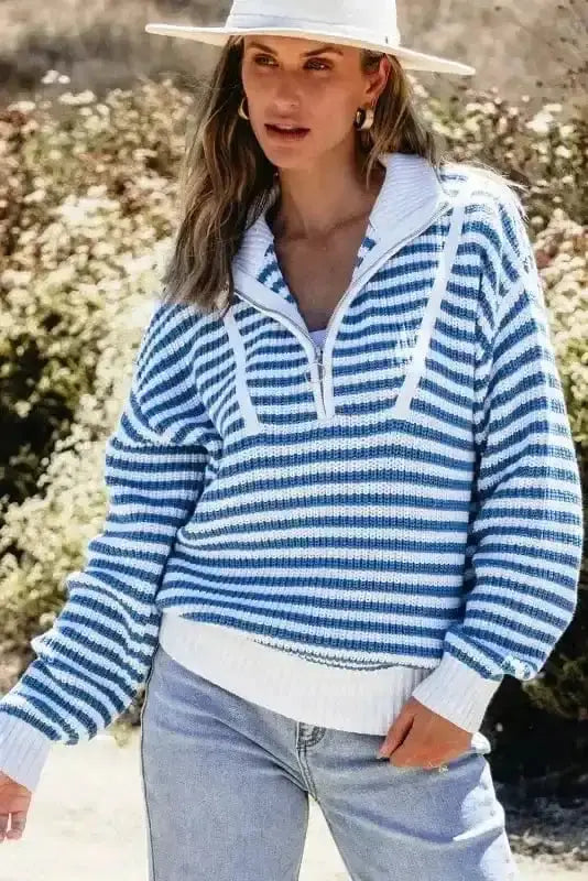 Sweaters Sky Blue Stripe / S / 60%Cotton+40%Acrylic Urban Noir Stripe Zip Sweater