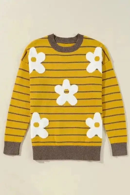 Sweaters Stripe Daisy Jumper - Yellow Knitted Round Neck