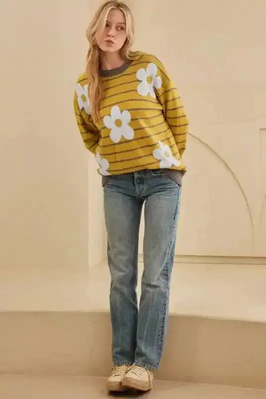 Sweaters Stripe Daisy Jumper - Yellow Knitted Round Neck