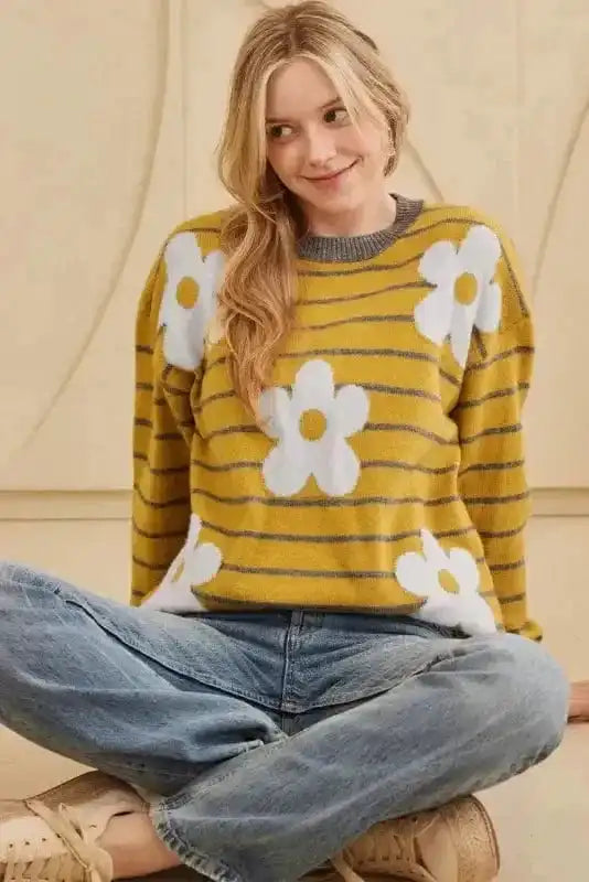Sweaters Stripe Daisy Jumper - Yellow Knitted Round Neck
