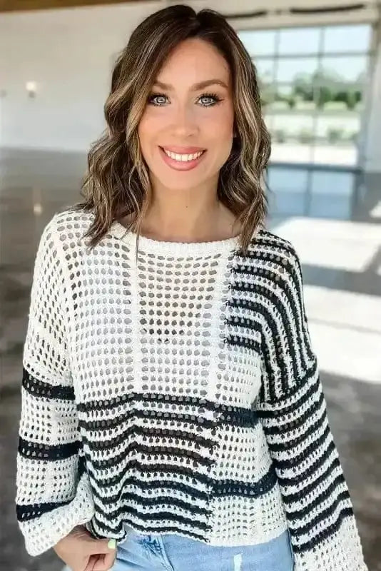 Vanilla stripe hollow-out sweater back view — Fashionfitz UK
