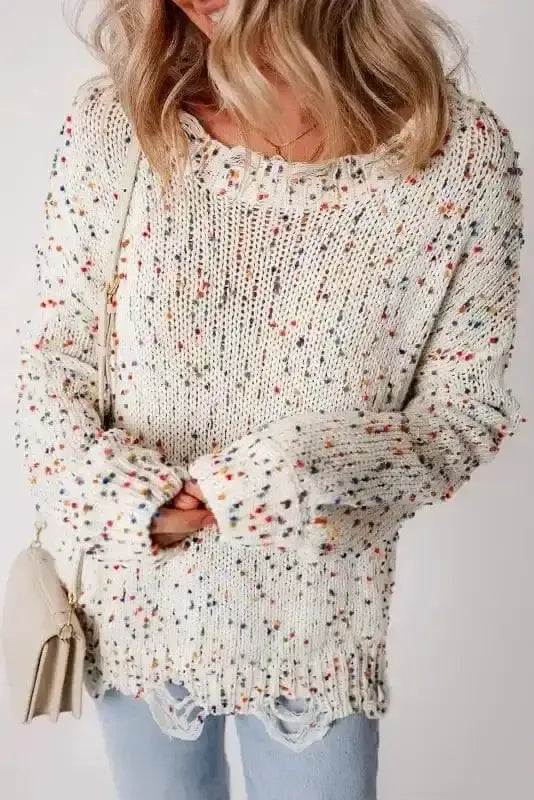 White mosaic distressed knit sweater front view — Fashionfitz UK