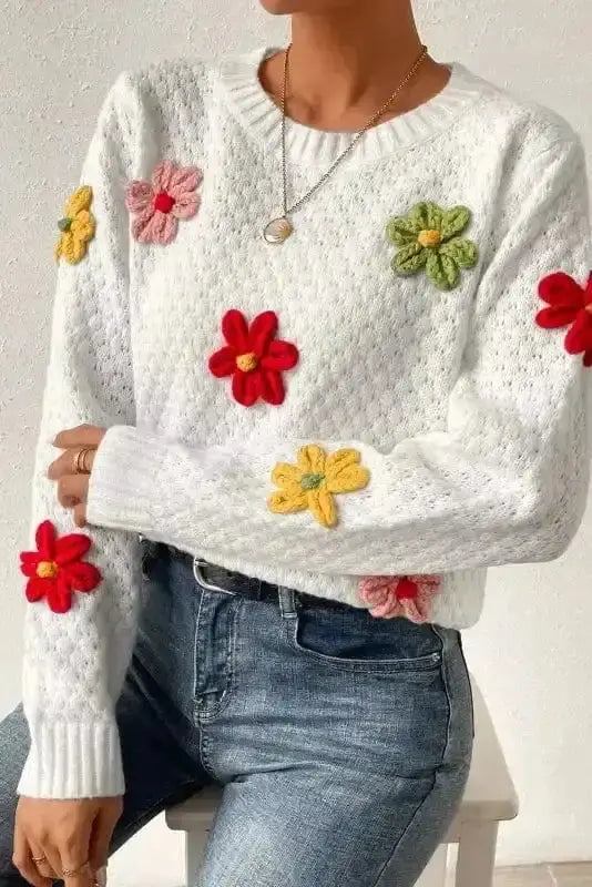 White flower applique knit sweater front view — Fashionfitz UK