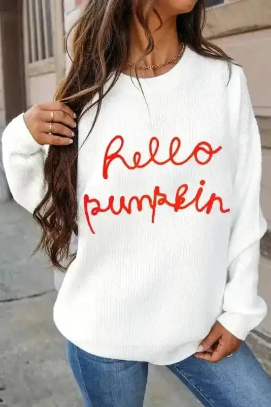 Sweaters White / S / 50%Viscose+28%Polyester+22%Polyamide Autumn Charm - Hello Pumpkin Graphic Sweater