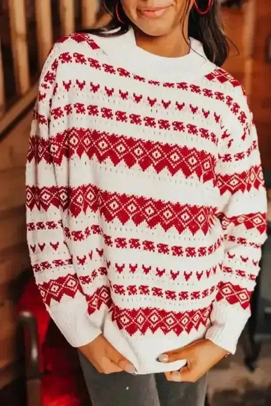 White western geo print crew neck sweater front view — Fashionfitz UK