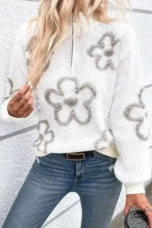 Sweaters White / S / 50%Viscose+28%Polyester+22%Polyamide Ivory Floret Zip Sweater