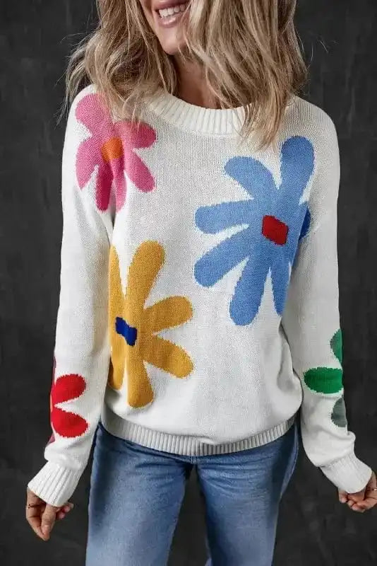 Sweaters White / S / 55%Acrylic+45%Cotton Blossom White Floral Crewneck Sweater