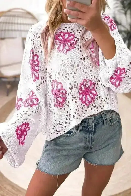 White spring fling eyelet knit sweater front view — Fashionfitz UK
