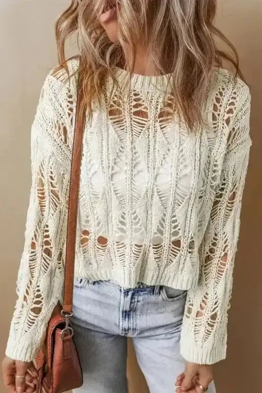 White boho crochet detail loose sweater front view — Fashionfitz UK