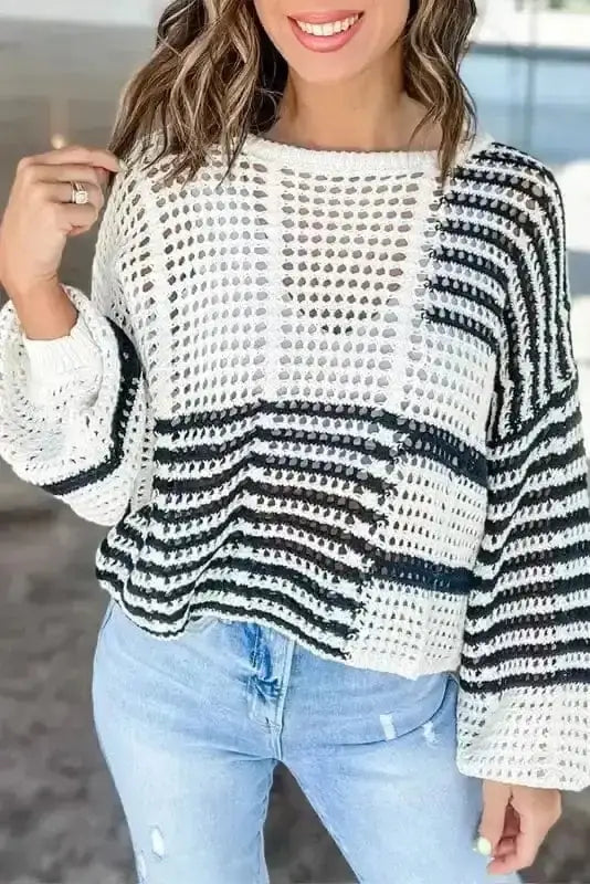 White stripe vanilla breeze hollow-out knit sweater front view — Fashionfitz UK