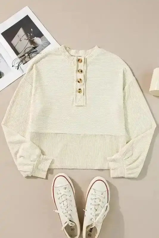 Corded Henley lantern sleeve sweatshirt back view — Fashionfitz UK