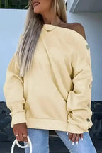 Sweatshirts Beige / S / 65%Polyester+35%Cotton Relaxed Fit Button-Sleeve Sweatshirt