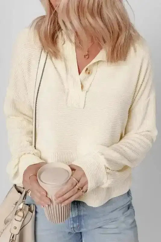 Corded Henley lantern sleeve sweatshirt front view — Fashionfitz UK
