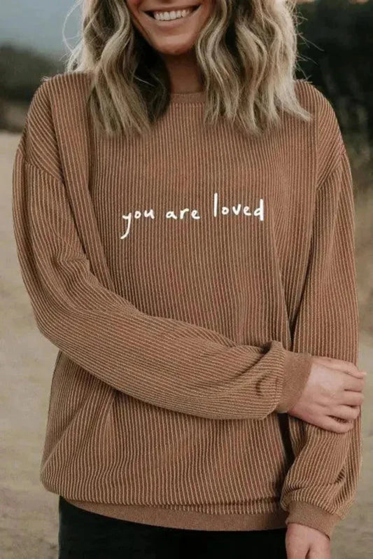 Sweatshirts Khaki / S / 75%Polyester+20%Viscose+5%Elastane "You Are Loved" Print Corduroy Sweatshirt