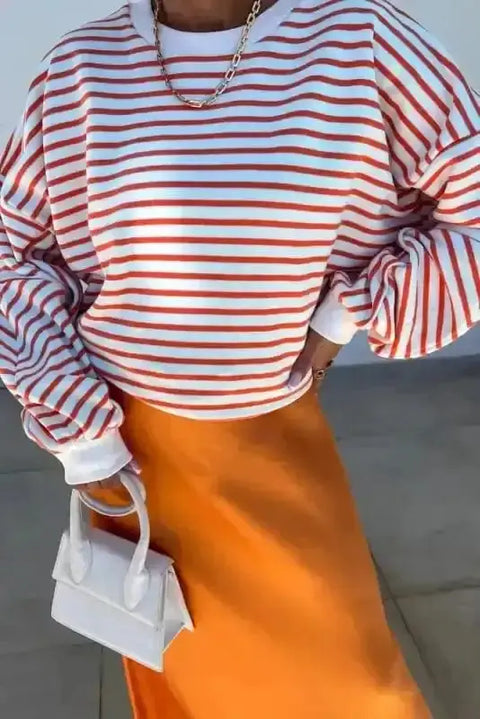 Orange stripe colourblock drop shoulder loose sweatshirt front view — Fashionfitz UK