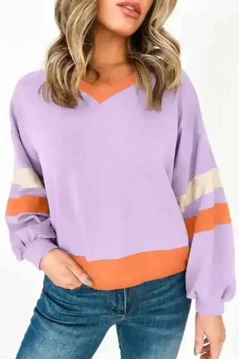 Orchid colourblock rib knit V-neck sweatshirt front view — Fashionfitz UK