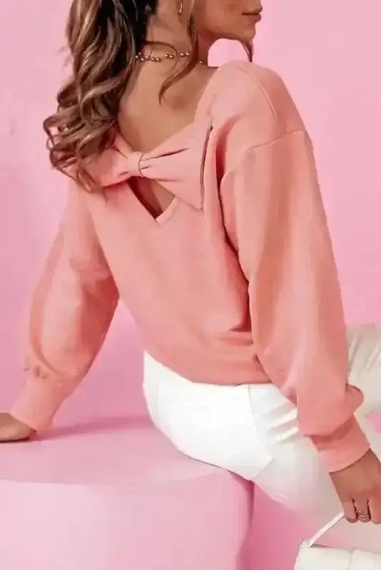 Pale chestnut bowknot back colourblock round neck sweatshirt front view — Fashionfitz UK