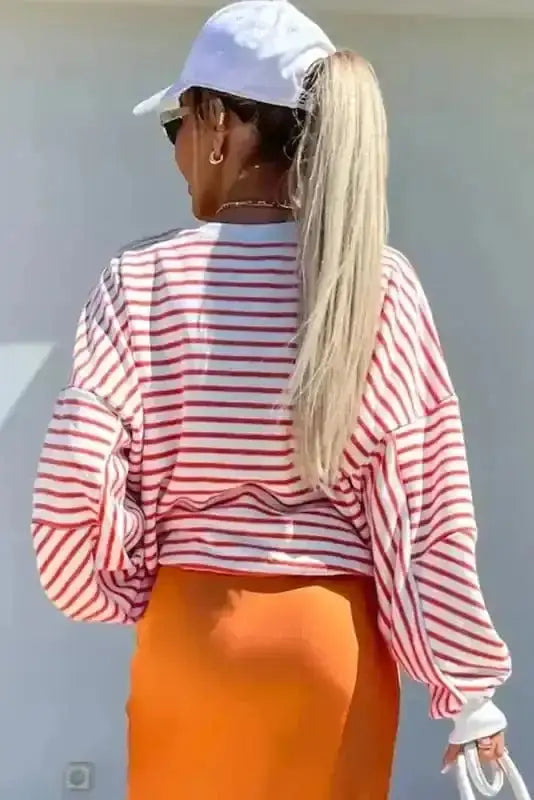Orange stripe loose sweatshirt back view — Fashionfitz UK