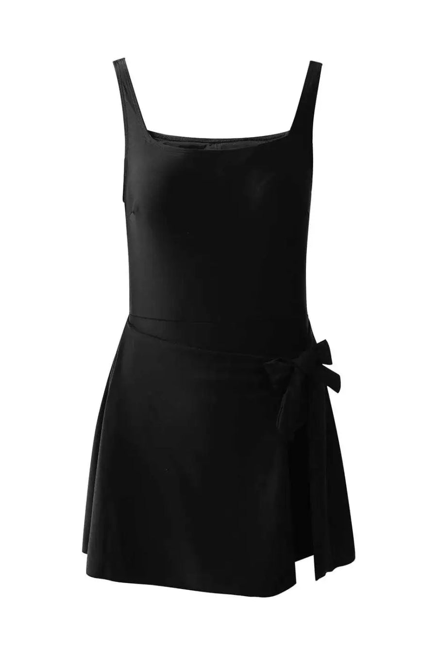 Black sleek side-tied swim dress front view — Fashionfitz UK