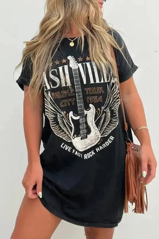 T Shirt Dresses Black / S / 95%Cotton+5%Elastane Nashville Guitar Mini Dress Black – Rock & Roll Party Dress