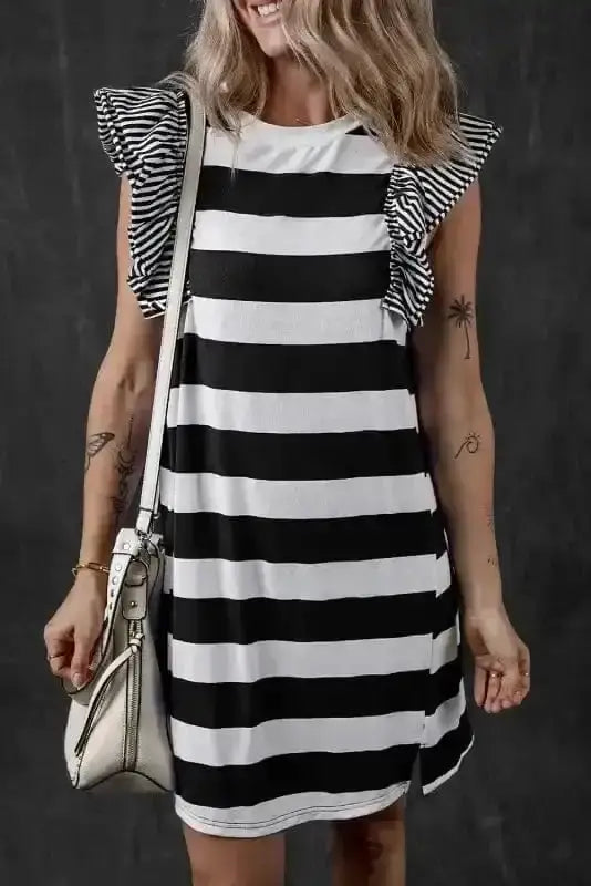Black striped swirl tunic ruffle sleeve mini dress front view — Fashionfitz UK