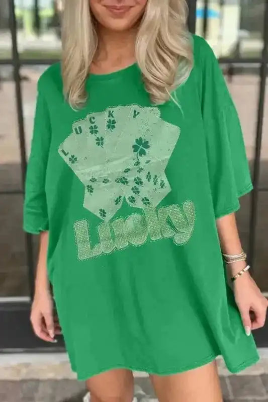 T Shirt Dresses Bright Green / S / 95%Cotton+5%Elastane Lucky Charm Rhinestone Dress - Bright Green