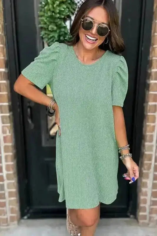 T Shirt Dresses Corded Knit Mini Dress - Mint Green Perfection
