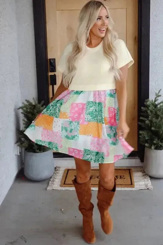 T Shirt Dresses Floral Patchwork Mini Dress - Green