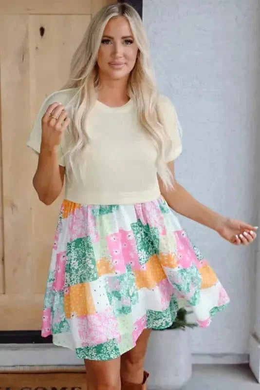 T Shirt Dresses Floral Patchwork Mini Dress - Green