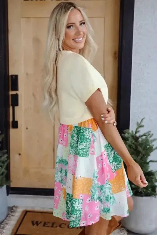 T Shirt Dresses Floral Patchwork Mini Dress - Green