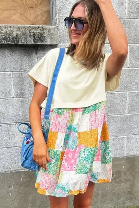T Shirt Dresses Floral Patchwork Mini Dress - Green