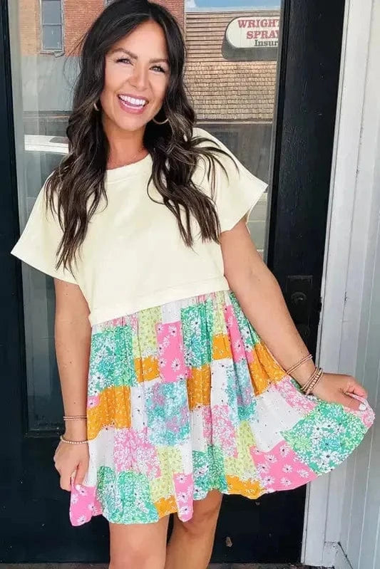 T Shirt Dresses Floral Patchwork Mini Dress - Green