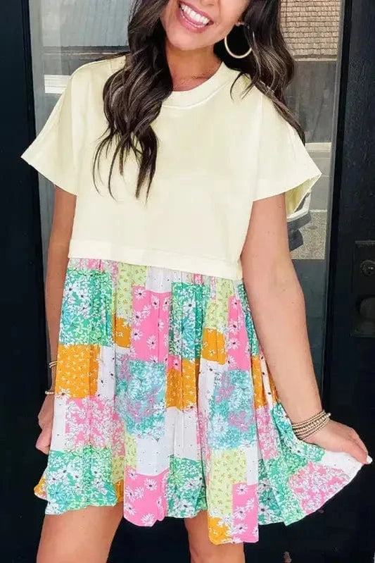 T Shirt Dresses Floral Patchwork Mini Dress - Green