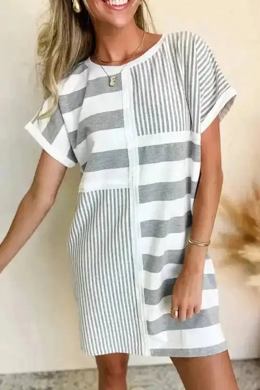T Shirt Dresses Gray Stripe / S / 95%Polyester+5%Elastane Modern Mix T-Shirt Mini Dress - Grey