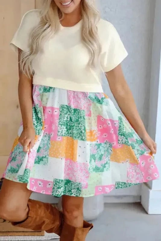 T Shirt Dresses Green / S / 80%Polyester+20%Cotton Floral Patchwork Mini Dress - Green