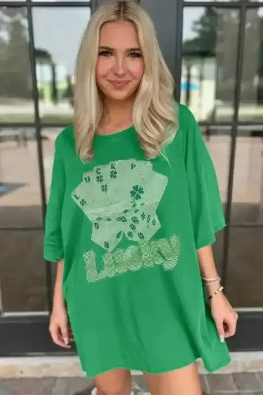 Green Rhinestone Print T-Shirt Mini Dress Women UK | Fashionfitz Green Rhinestone Print T-Shirt Mini Dress Women UK | Fashionfitz